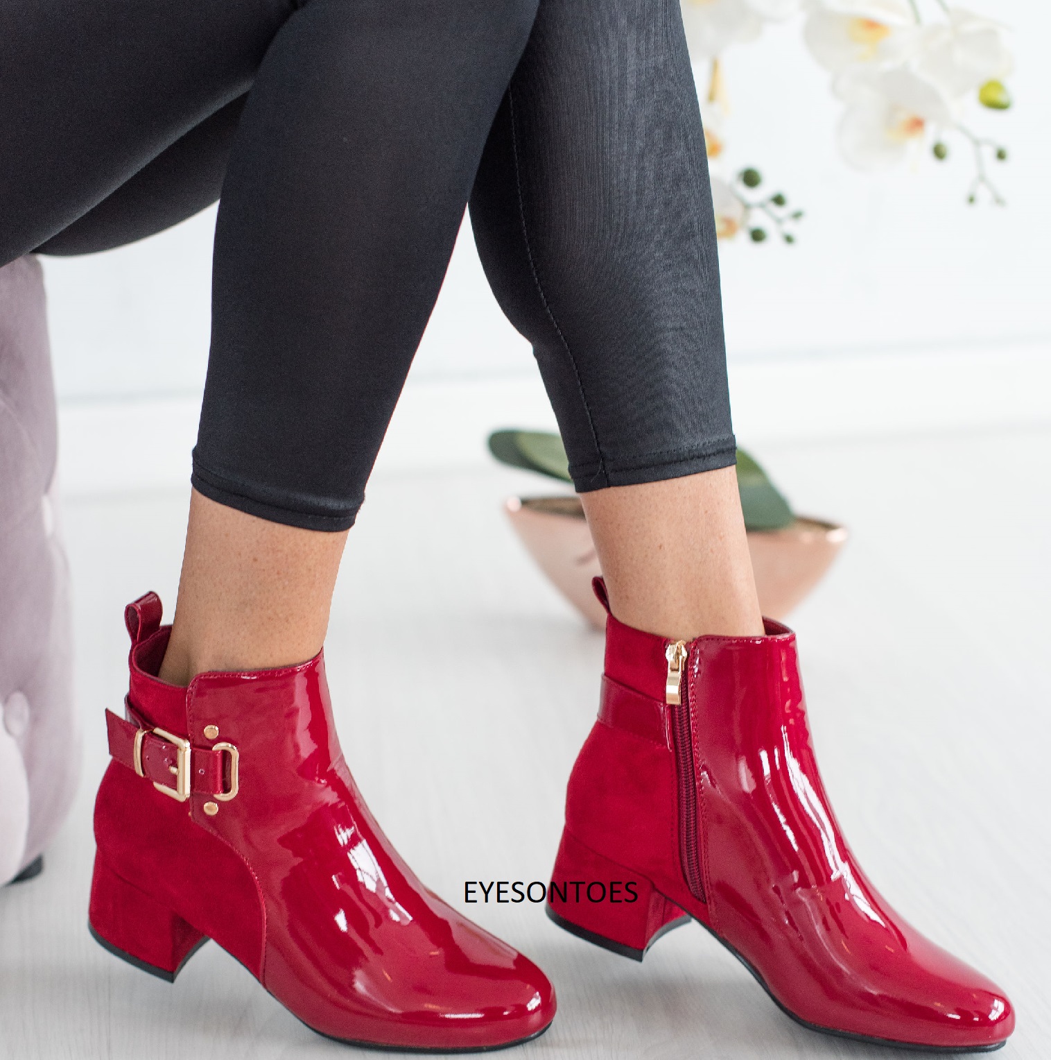 LADIES WOMENS ANKLE BUCKLE ZIP CHELSEA BLOCK LOW HEEL PATENT SHOES